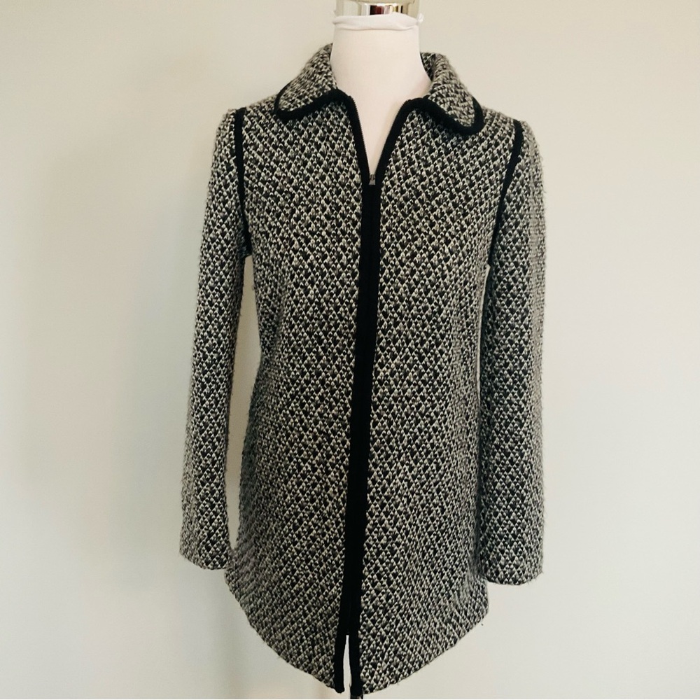 Wool Blend Coatigan Sweater TALBOTS Black White Knit Side Pockets. Zip, XSmall